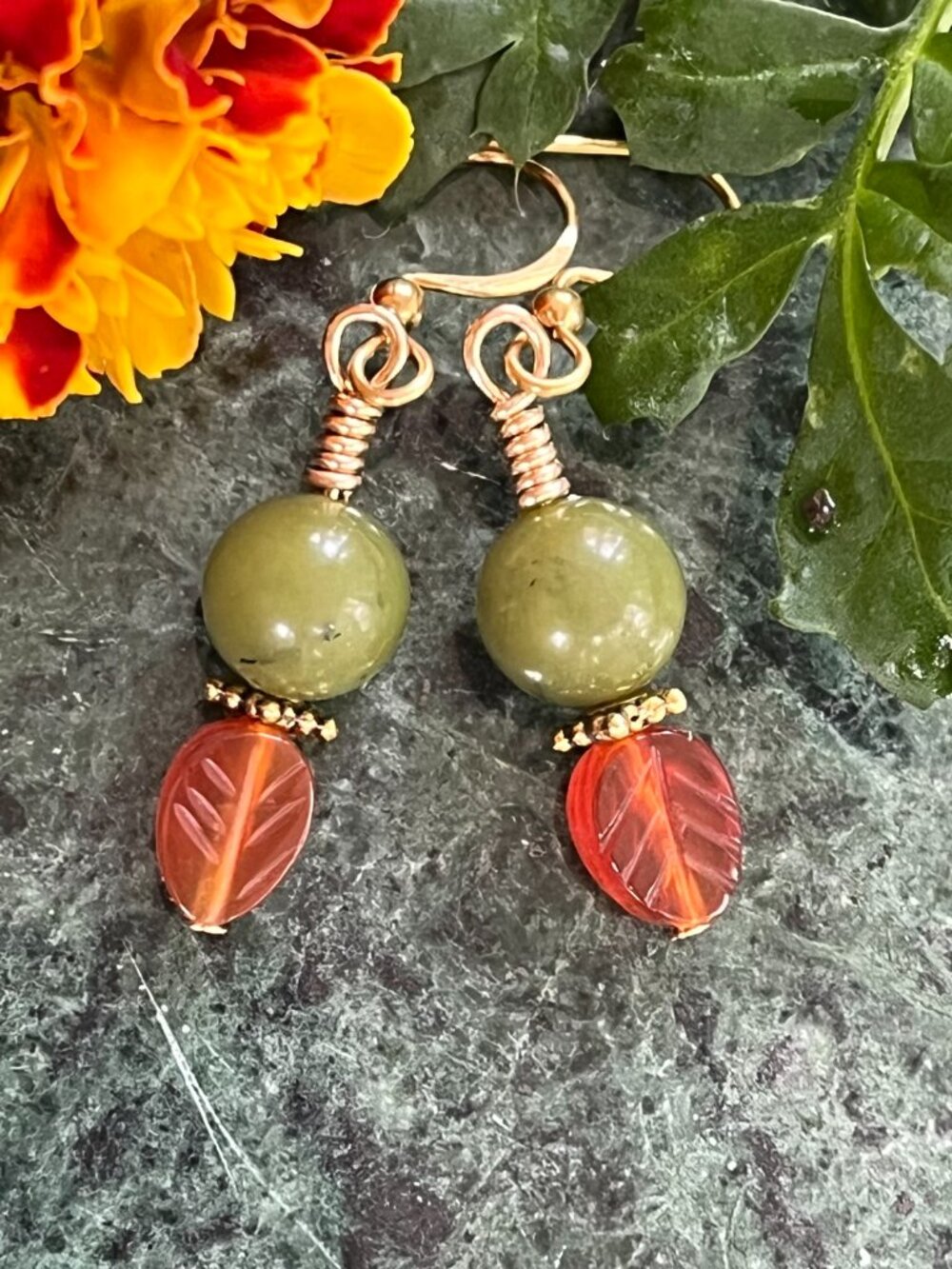 Gemstone Jade and Carnelian Earrings | Boho Leaf Dangle Earrings